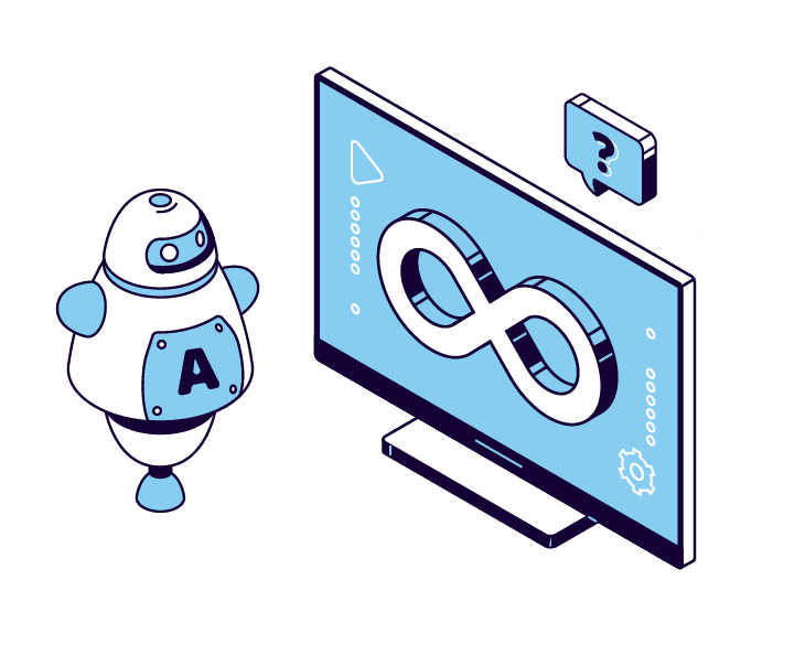 AI Adoption Buisness illustrated AI robot looking at an computer screen with an infinity symbol and question mark
