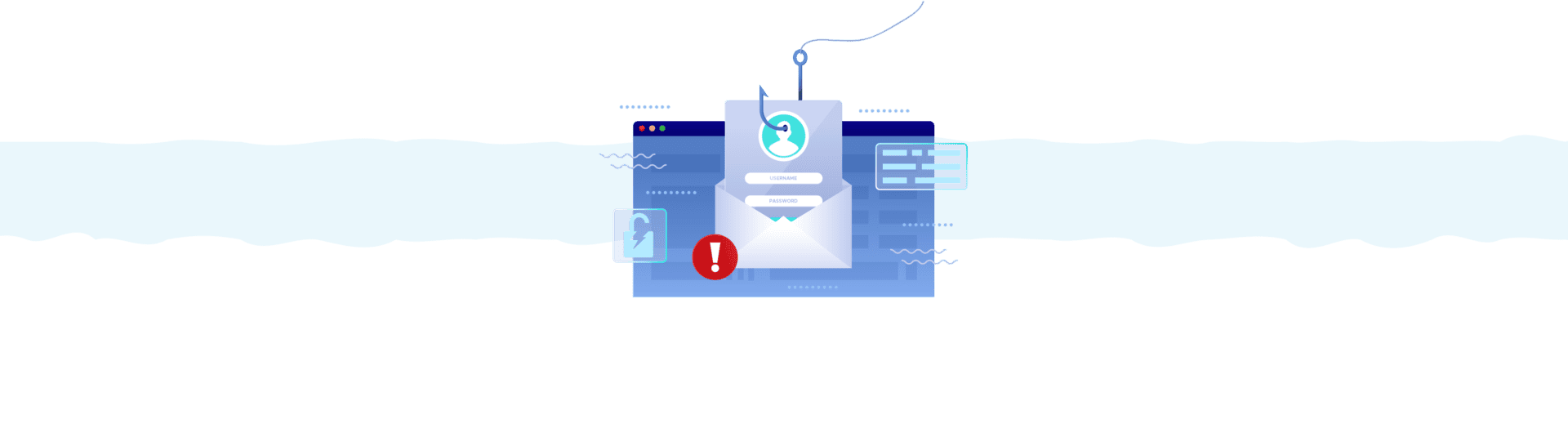 Illustration of computer window with the login box popped up fishing hook through the logging box