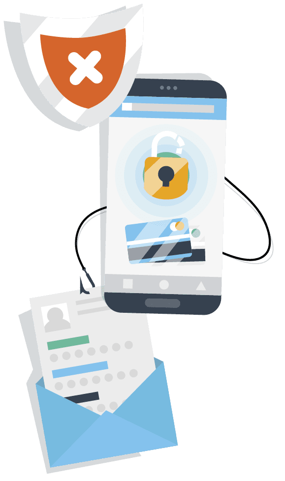 Phishing Link illustration. hooks grabbing onto pasword, credit card and login window.