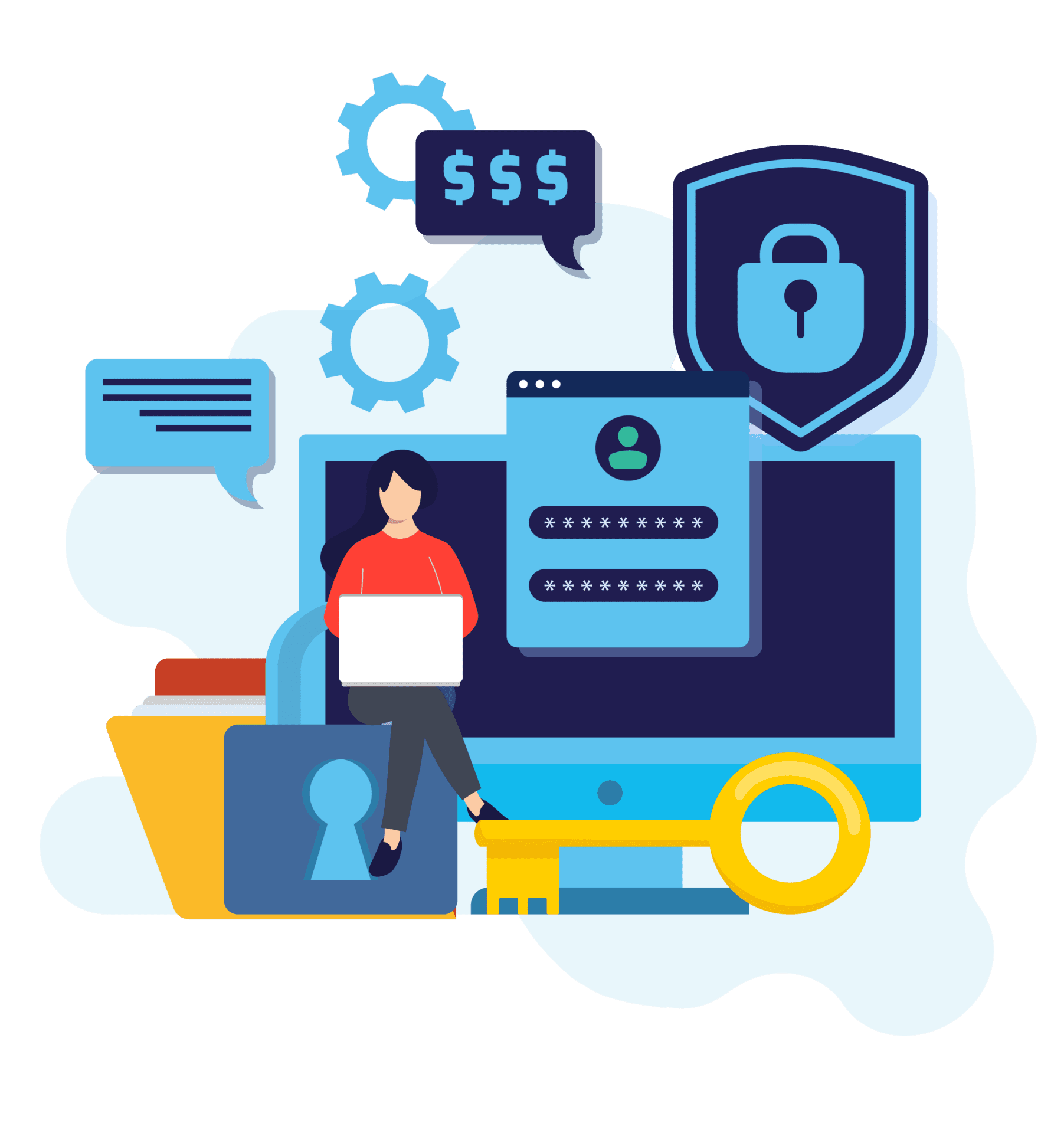 MSPs reduce unexpected IT costs for SMBs managed IT cost illustration includes person sitting on iPad lock with Windows popping up showing different IT computer icon
