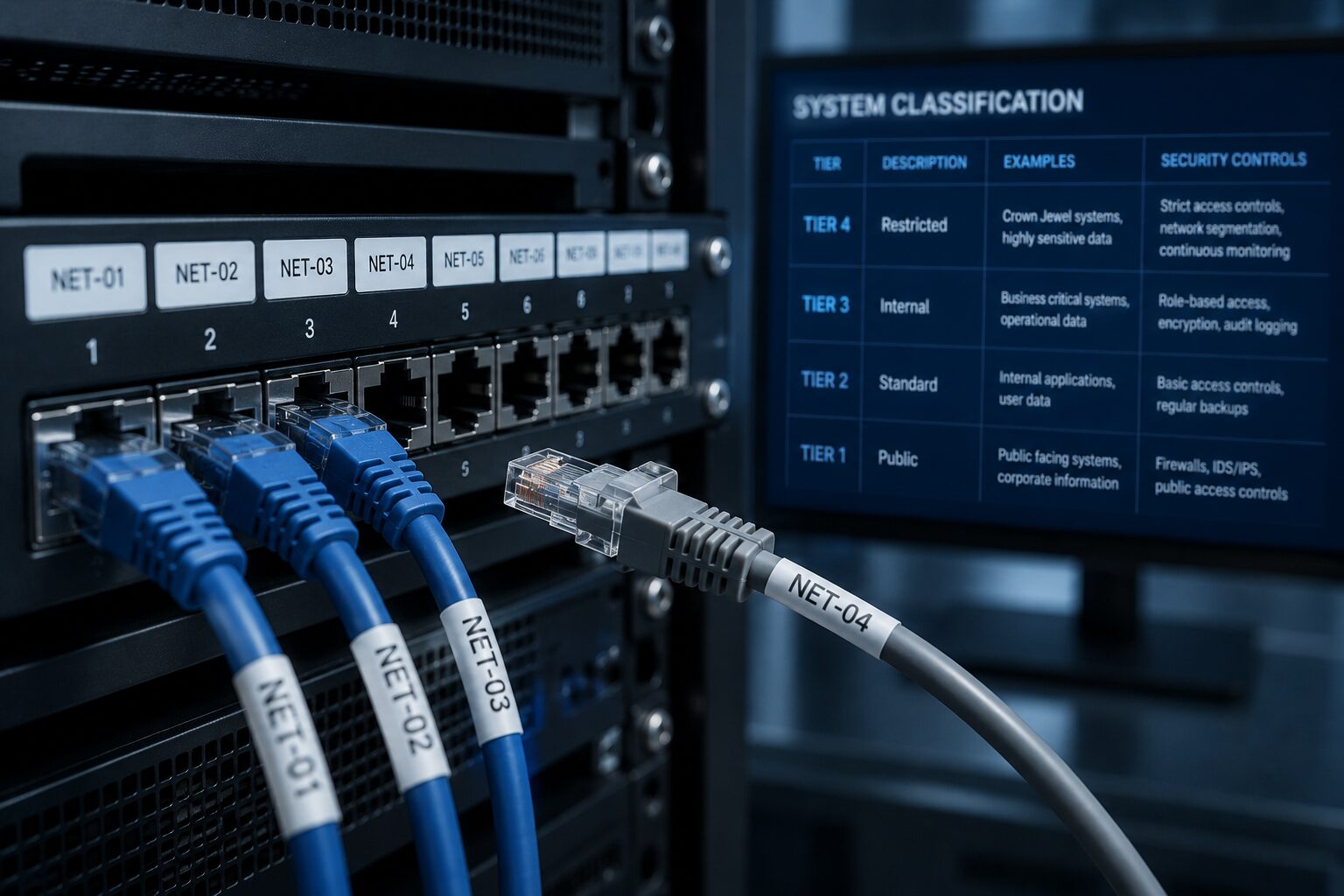 server room with system classification label on cords