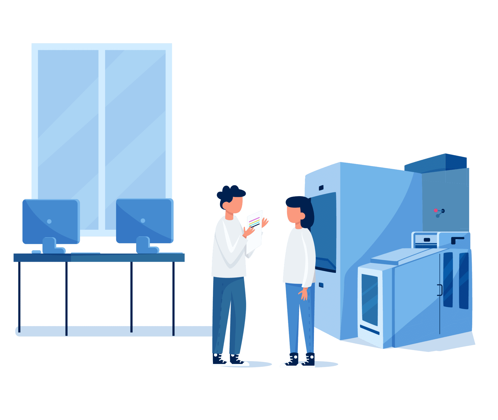 Production floor workstations on a table with two employees talking in front of a machine