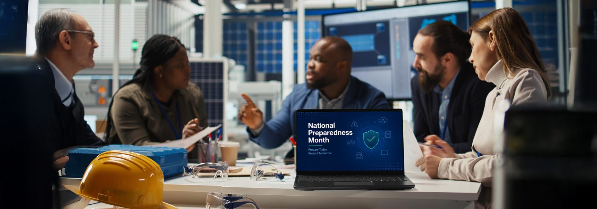 Meeting around table with computer screen stating National Preparedness Month