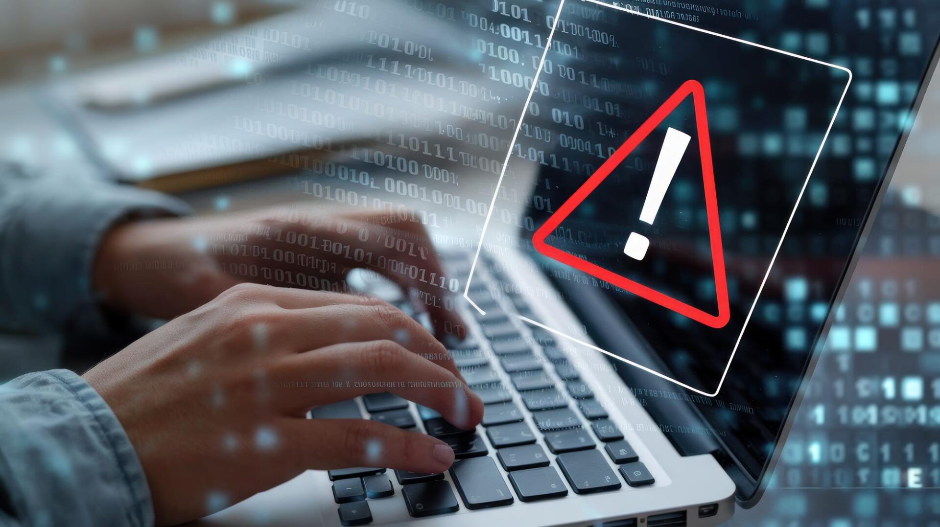 Ransomware Attack Image. Man Typing on laptop with ! design over showing error